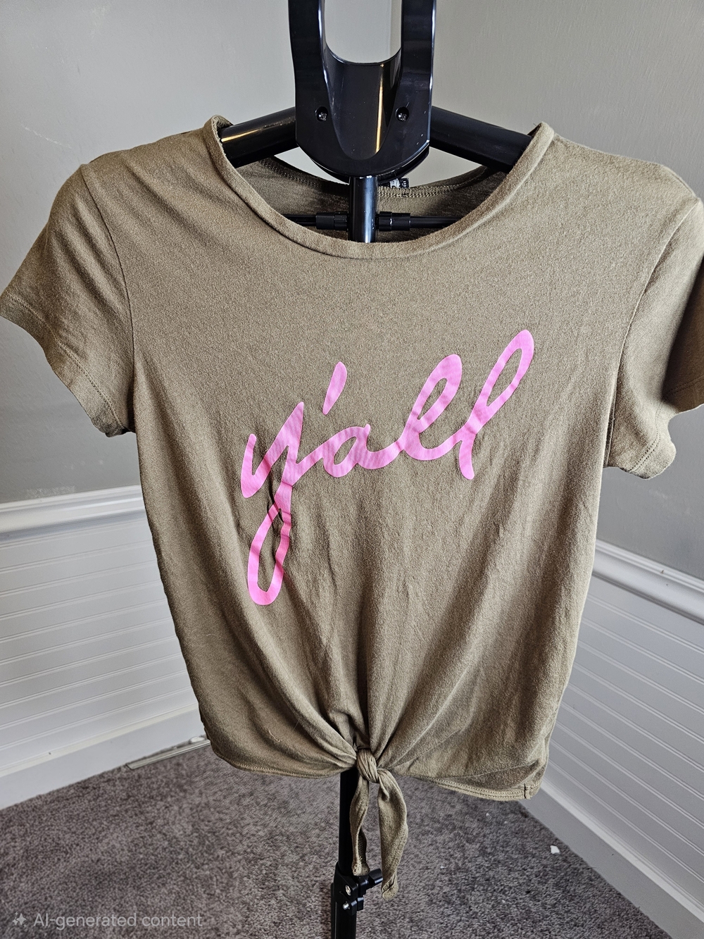 Express Olive Tie-Front Crop Top with Pink Script